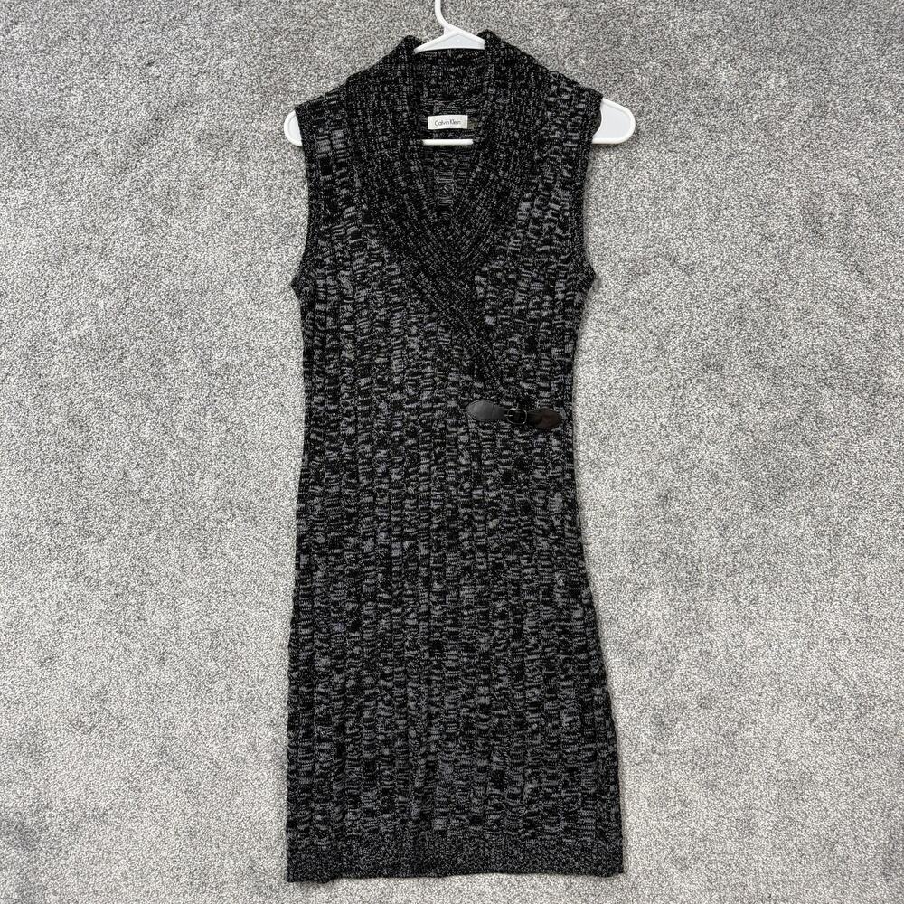 Calvin Klein Sweater Dress Medium Buckle Marled Knit Office Chic Preppy Layering